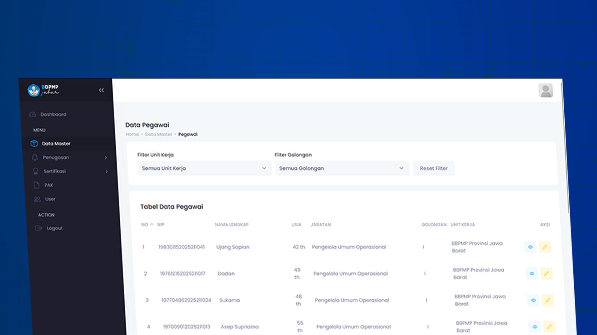 Dashboard SIMPEG BBPMP Jabar